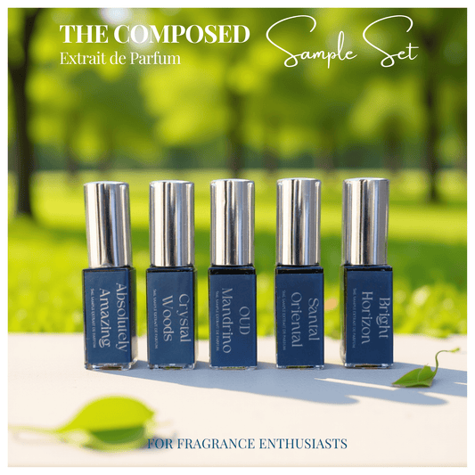 Extrait de parfum sample set featuring five composed, balanced scents