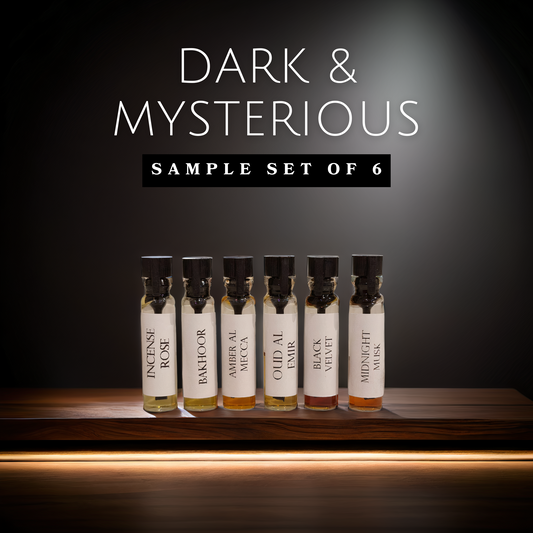 Dark perfume oil sample set with oud, amber, and incense