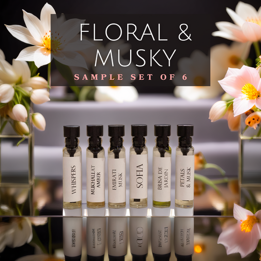 Musky floral perfume oil sample set with six artisanal scents
