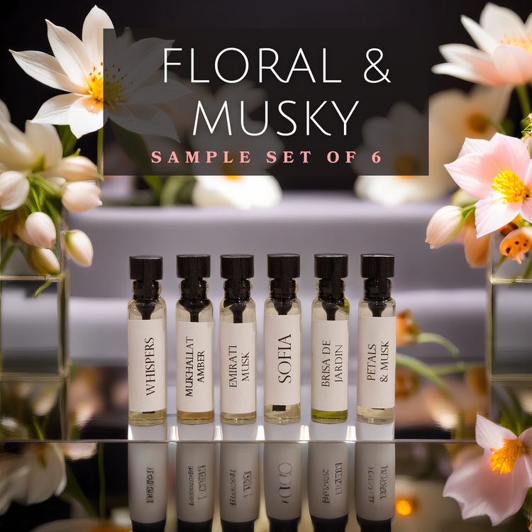 Musky floral perfume oil sample set with six artisanal scents