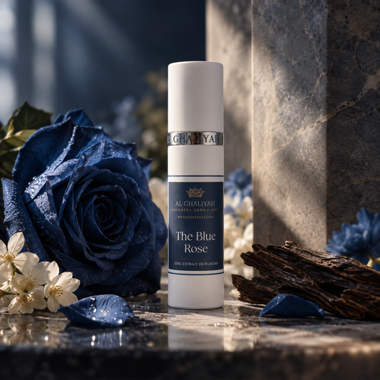 The Blue Rose Chamomile, Aqua Florals, Rosewater, Bergamot

Heart Notes:
Rose, Violet, Peach Cream, Light Honey, Jasmine

Base Notes:
Frankincense, Sandalwood Mysore, Indian Oud, Vetiver, Moss