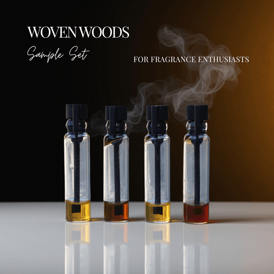 Artisanal perfume oil sample set focused on woods and resins